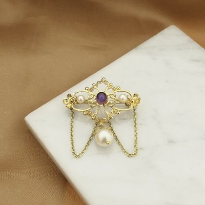 Image 2 of Gold brooch with pearls and purple glass bead