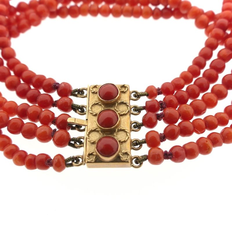 Image 5 of Antique red coral beaded bracelet with gold clasp.
