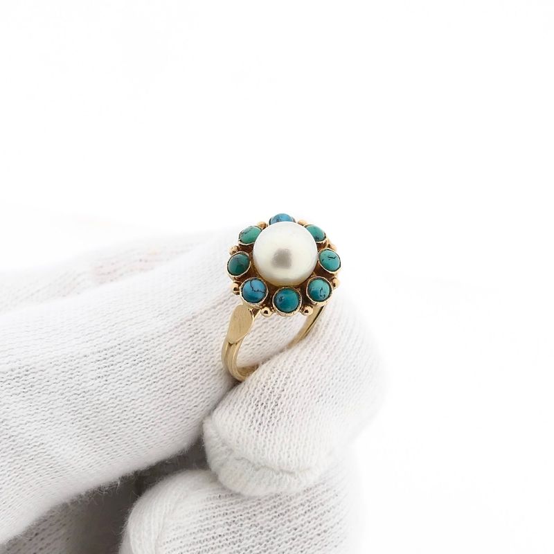 Image 8 of Golden entourage ring with cultured pearl & turquoise; 14K; size 16.5
