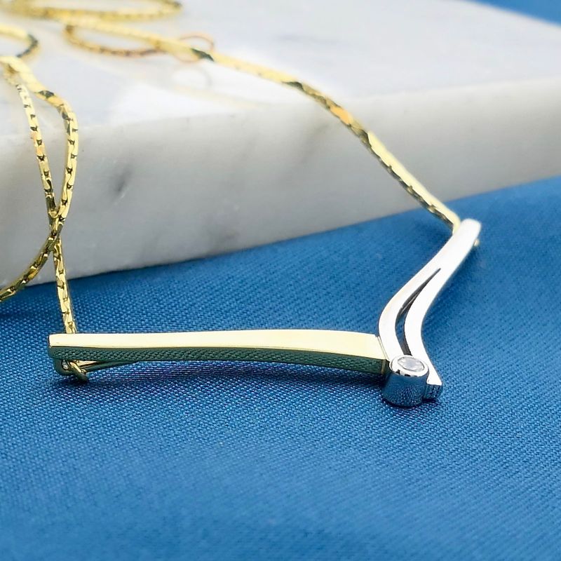 Image 2 of Bicolor Gold Cobra Link Necklace with Pendant & Zirconia; 14 Karat; 42.5 cm