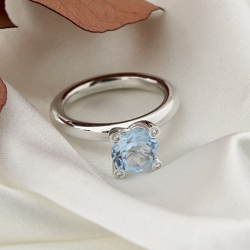Image 6 of White gold 'Phlox' ring set with aquamarine and diamond; 0.04 ct. | Bron Jewelry