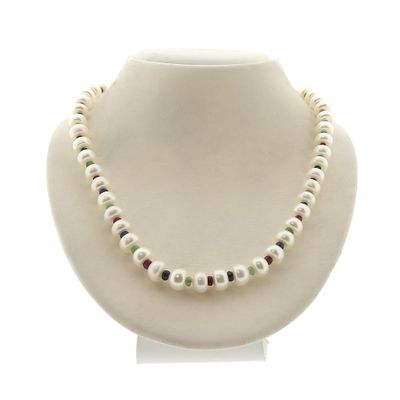 Image 1 of 9 carat pearl necklace with ruby, sapphire, and emerald | 46 cm