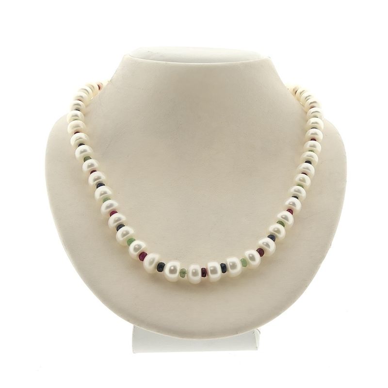Image 1 of 9 carat pearl necklace with ruby, sapphire, and emerald | 46 cm