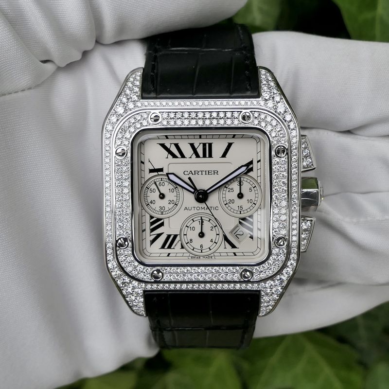 Image 16 of Cartier Santos 100 XL Chronograph 'Factory-Set' Diamonds 2891; 18k white gold watch with diamonds