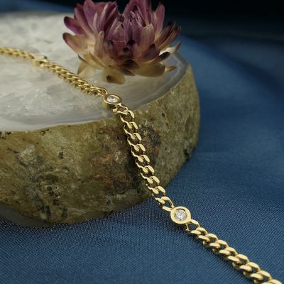 Image 2 of Gold flat gourmet link bracelet with 0.50 ct diamond.