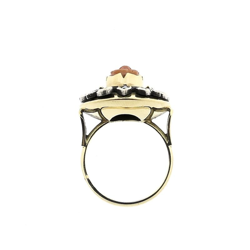 Image 4 of Gold and silver ring with blood coral, mother of pearl and diamond; 0.02 ct.