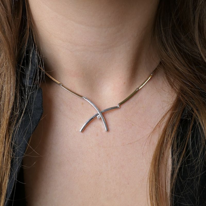 Image 13 of Two-tone gold bar necklace with a fixed pendant and diamond