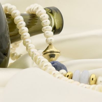 Image 2 of Gold baroque pearl necklace with chalcedony and sodalite; Schoeffel