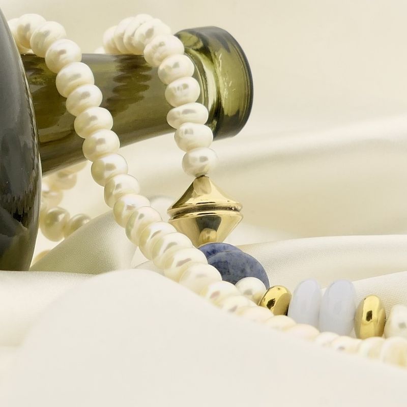Image 2 of Gold baroque pearl necklace with chalcedony and sodalite; Schoeffel