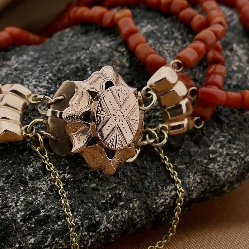 Image 2 of Antique red coral beaded bracelet with bicolor gold clasp.