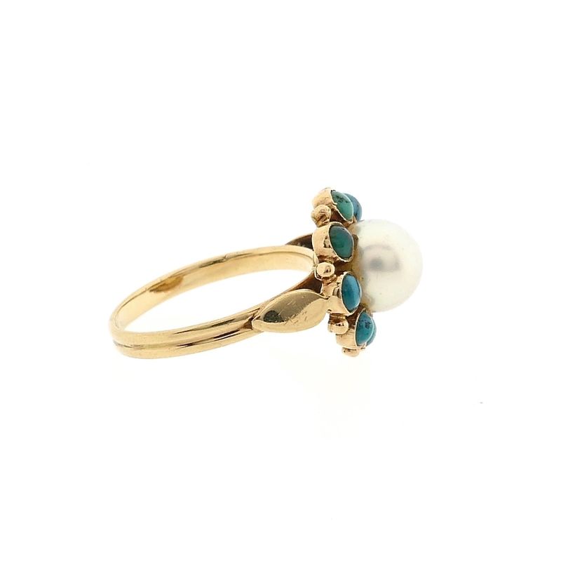 Image 5 of Golden entourage ring with cultured pearl & turquoise; 14K; size 16.5