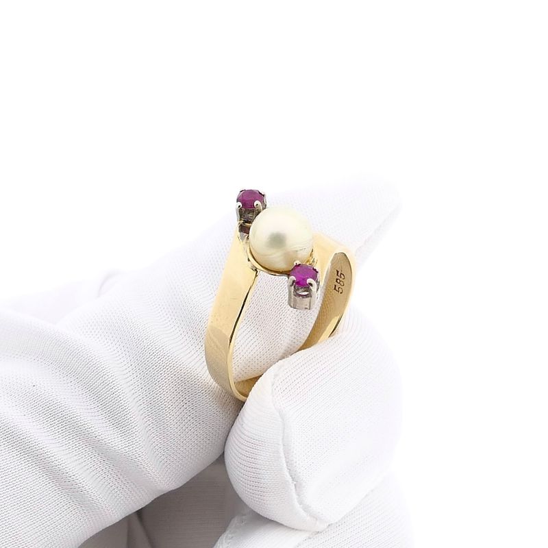 Image 9 of Gold Ring with Cultured Pearl and Ruby; 14K; Size 18.25