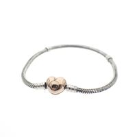 Pandora Moments bracelet; Silver with rose gold-plated clasp; Heart and snake chain | 19.5 cm