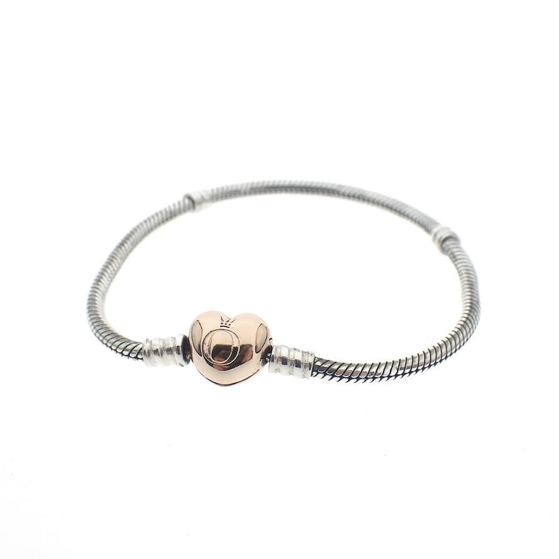 Image 1 of Pandora Moments bracelet; Silver with rose gold-plated clasp; Heart and snake chain | 19.5 cm