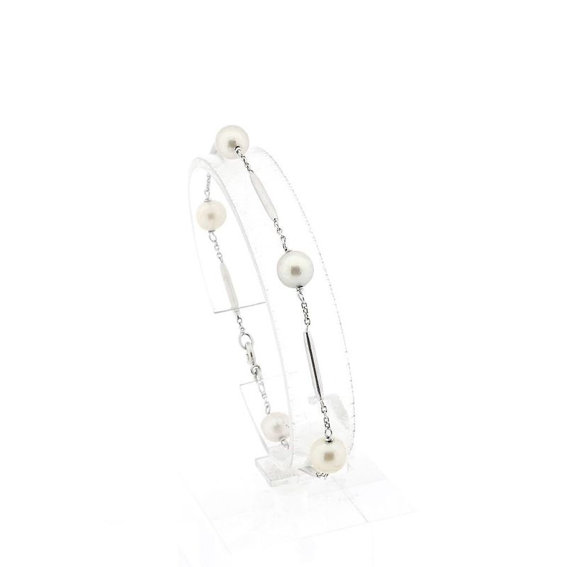 Image 1 of White Gold Bar Link Bracelet with Cultured Pearls