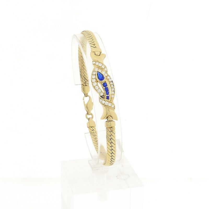 Image 1 of Gold flat gourmet link bracelet with synthetic sapphire and zirconia | 20.5 cm
