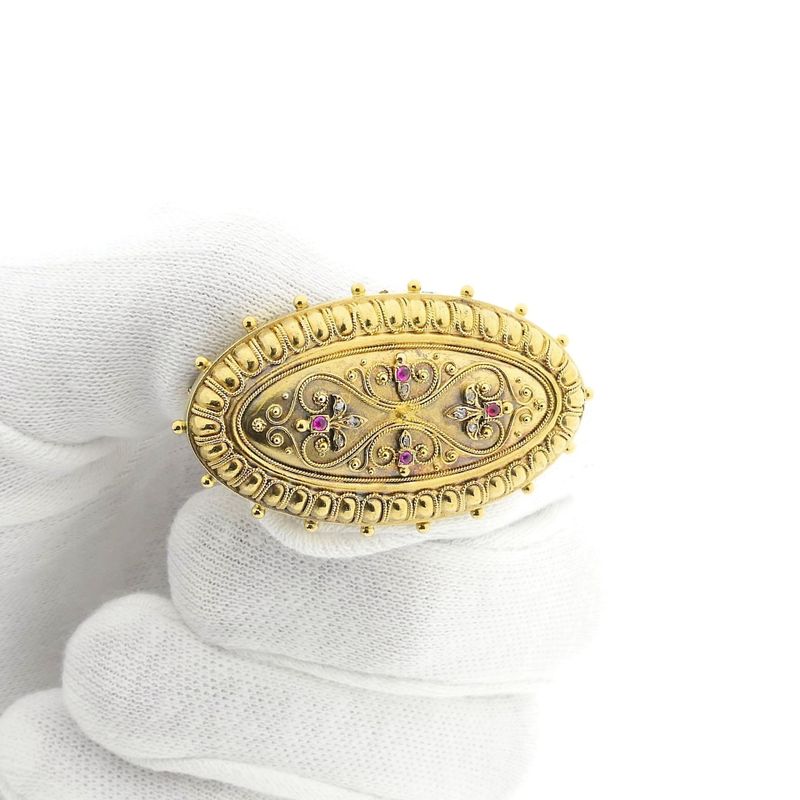 Image 10 of Antique gold Victorian brooch with ruby ​​and diamonds; 0.04 ct.