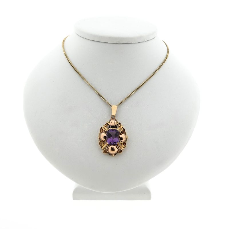 Image 3 of Bicolor Gold Pendant with Synthetic Purple Gemstone
