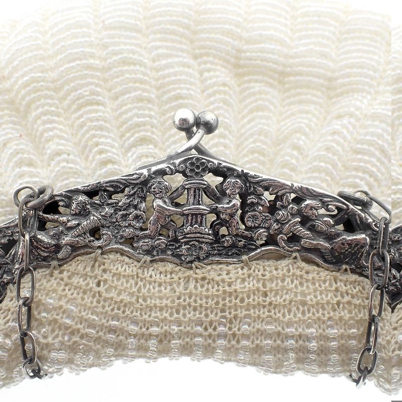 Image 2 of Antique clasp bag with silver handle and glass beads