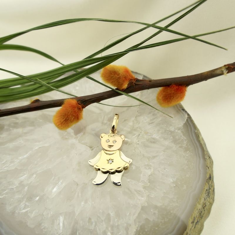 Image 2 of Tricolor gold pendant of a bear with diamond; 0.015 ct.