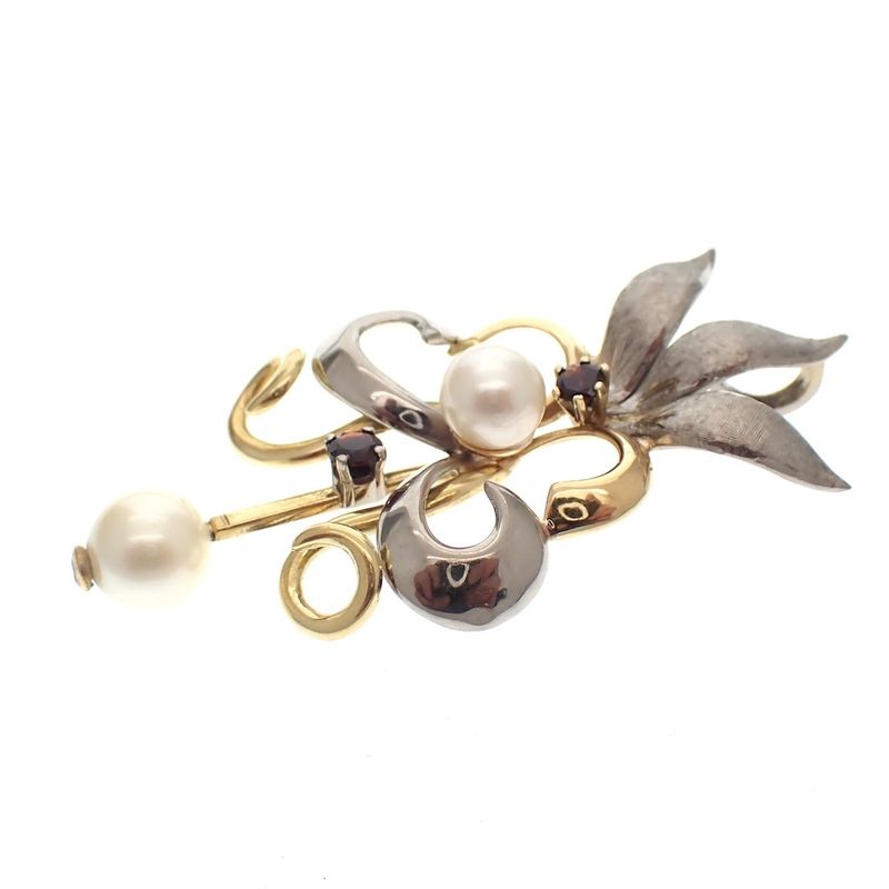 Image 3 of Two-tone gold pendant of a French lily with pearl and garnet