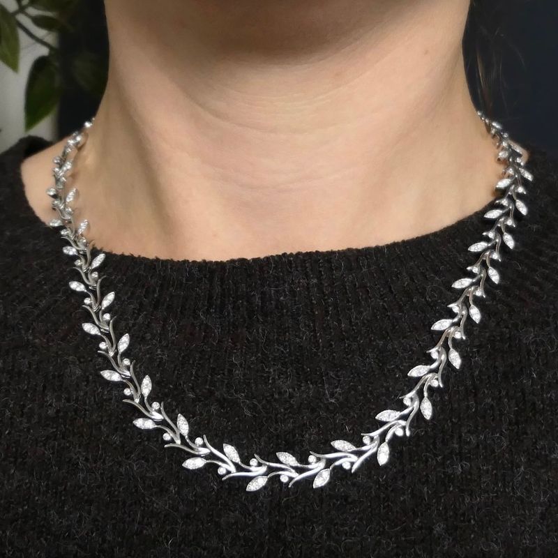 Image 8 of Floral white gold necklace with diamonds; 3.05 ct.