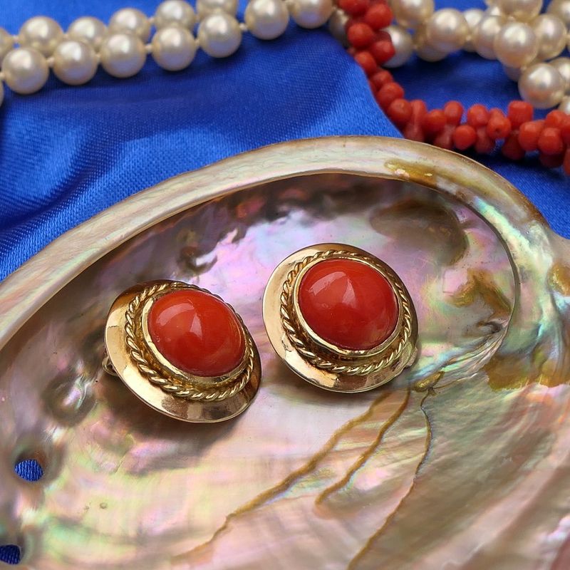 Image 2 of Gold ear clips with red coral.