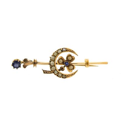 Vintage gold brooch with pearl and sapphire Image 1 of Vintage gold brooch with pearl and sapphire