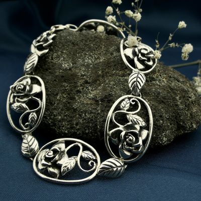 Image 2 of Antique silver bracelet with floral design; Art Nouveau | 22.5 cm