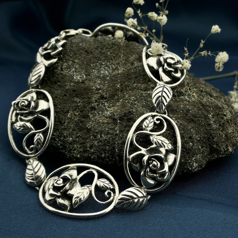 Image 2 of Antique silver bracelet with floral design; Art Nouveau | 22.5 cm