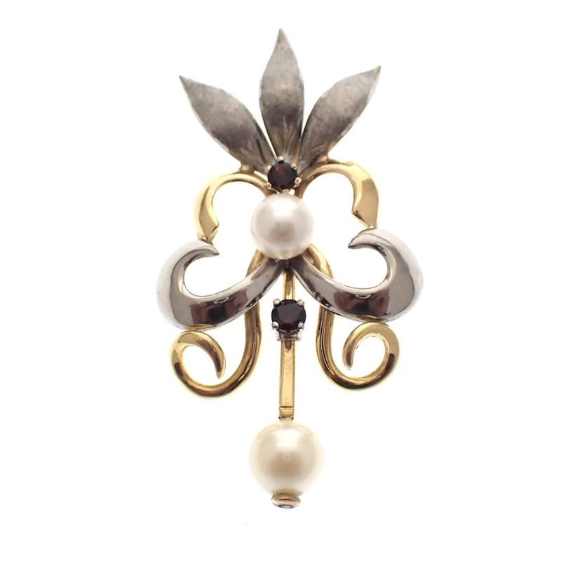 Image 1 of Two-tone gold pendant of a French lily with pearl and garnet