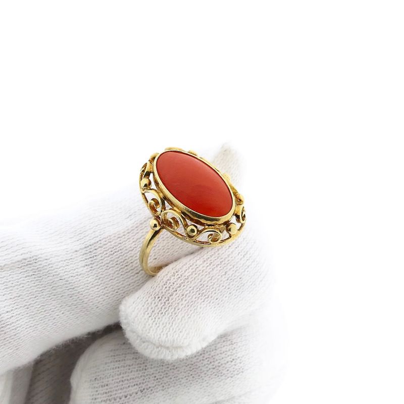 Image 9 of Vintage Gold Ring with Blood Coral; 14 Karat; Size 19