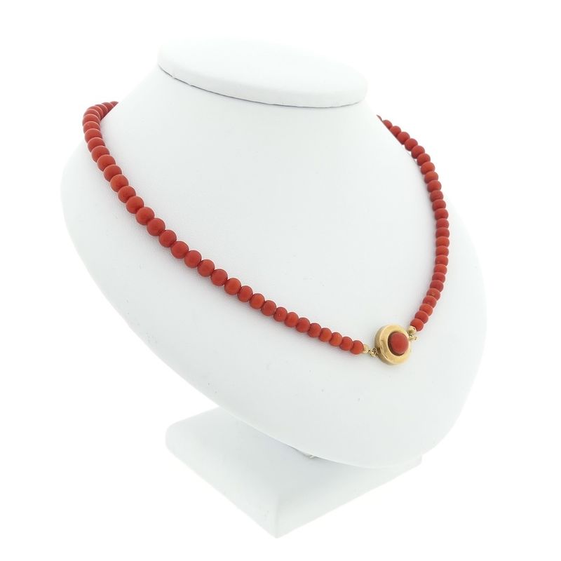Image 3 of Antique blood coral bead necklace with gold decorative clasp.