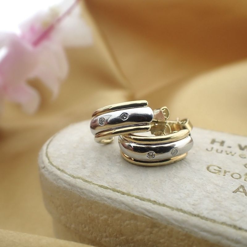 Image 2 of Bicolor gold stud earrings hemisphere | Diamond 0.04 ct.