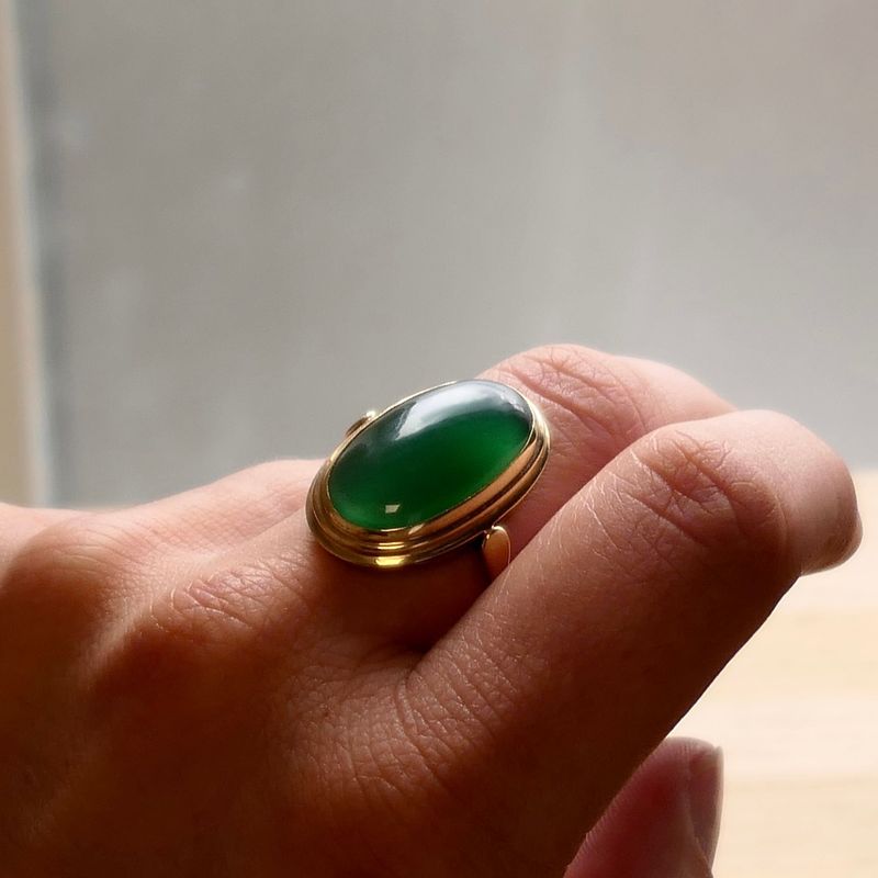 Image 7 of Gold Ring with Jade; 14 Karat; Size 17.75