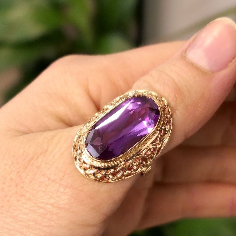 Image 4 of Antique gold ring with synthetic purple sapphire.