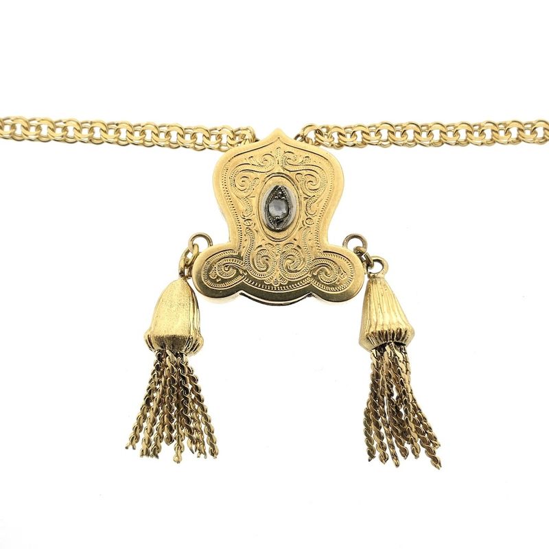 Image 4 of Antique gold sliding chain with tassels and diamond; approx. 0.05 ct.