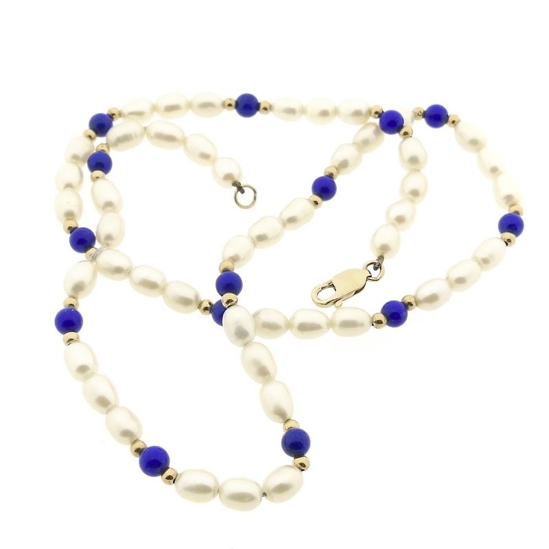 Image 7 of Pearl necklace with lapis lazuli and gold clasp | 42 cm