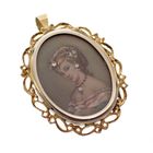 Image 4 of Vintage two-tone gold pendant/brooch with a painted portrait and diamonds; 0.015 ct.