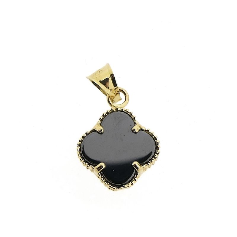 Image 1 of Gold pendant with onyx; four-leaf clover