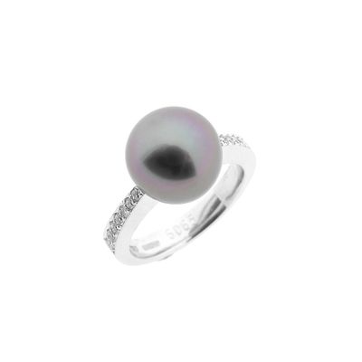 White gold ring with Tahitian pearl and diamond; 0.13 ct. Image 1 of White gold ring with Tahitian pearl and diamond; 0.13 ct.
