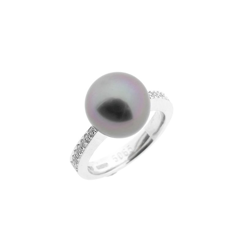 Image 1 of White gold ring with Tahitian pearl and diamond; 0.13 ct.