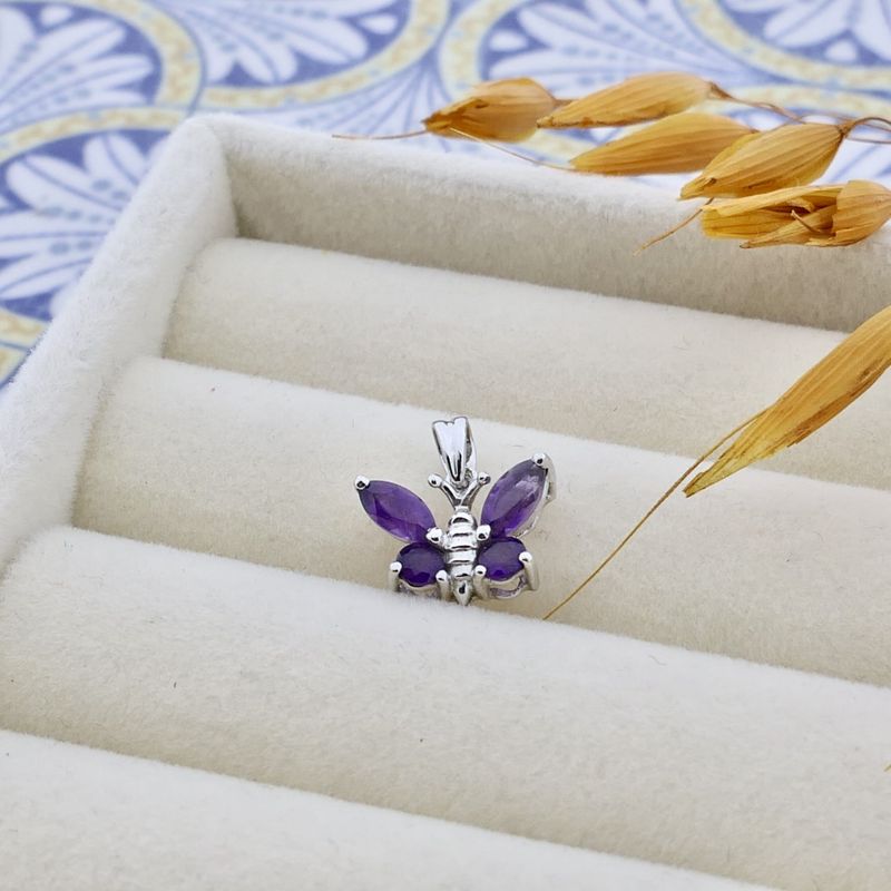 Image 2 of 18 carat white gold pendant with amethyst; Butterfly