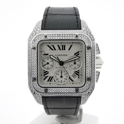 Image 1 of Cartier Santos 100 XL Chronograph 'Factory-Set' Diamonds 2891; 18k white gold watch with diamonds