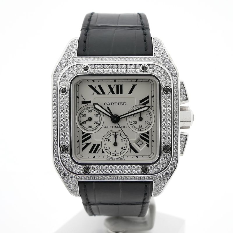 Image 1 of Cartier Santos 100 XL Chronograph 'Factory-Set' Diamonds 2891; 18k white gold watch with diamonds