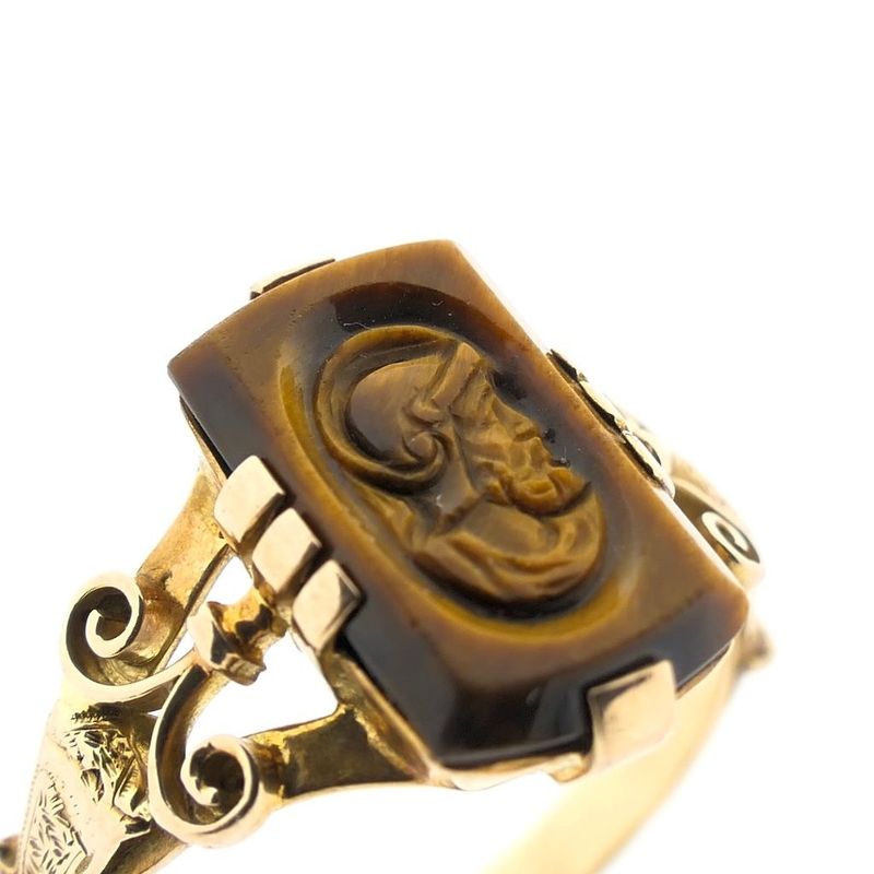 Image 3 of Gold ring with tiger's eye; Cameo