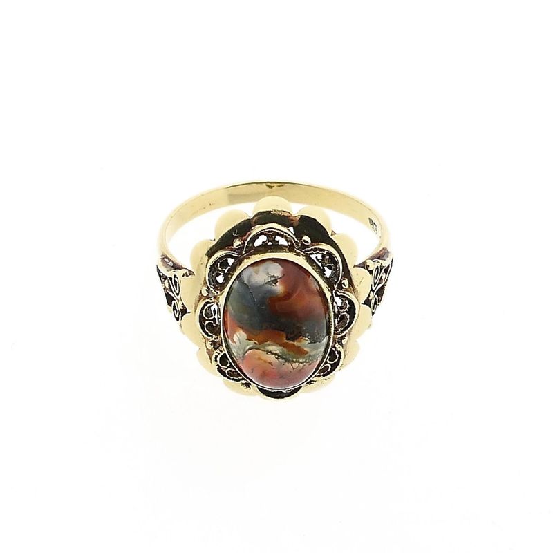 Image 3 of Gold Ring with Moss Agate; 14 Karat; Size 20.5