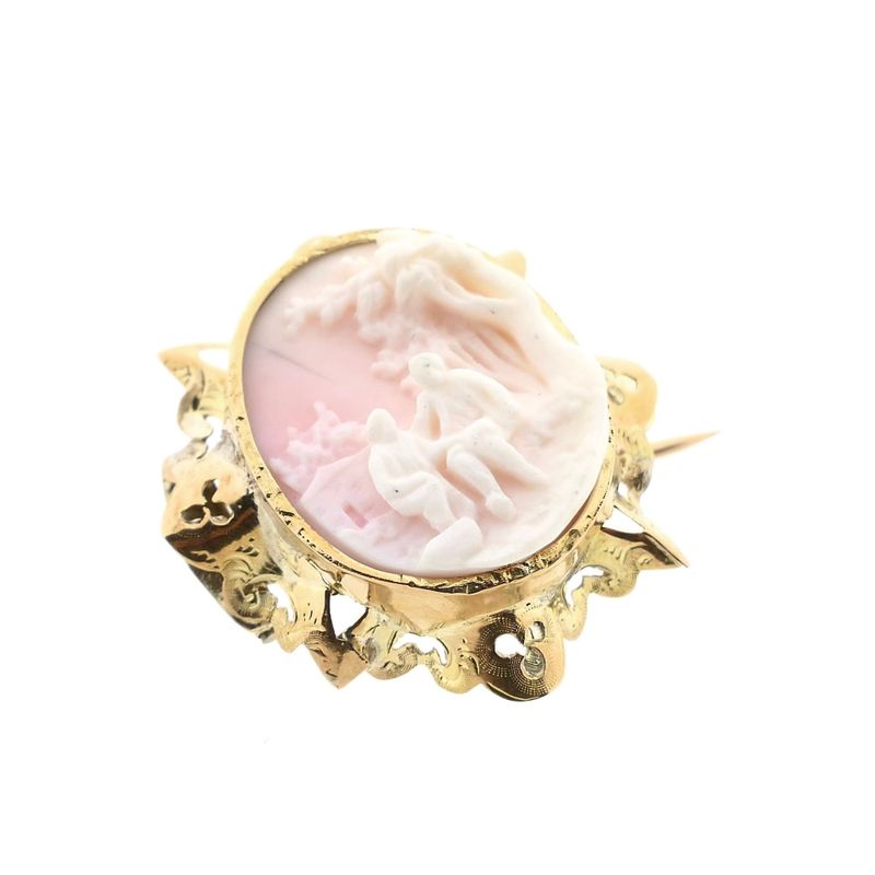 Afbeelding 7 van Antiek gouden broche met roze camee