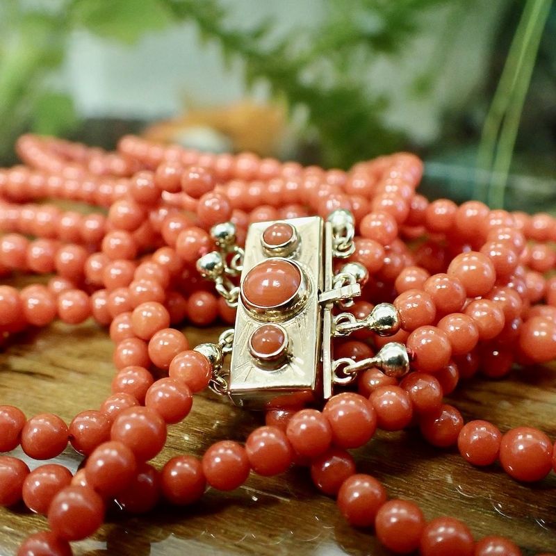 Image 2 of Blood coral bead necklace with gold clasp; Antique | 43 cm