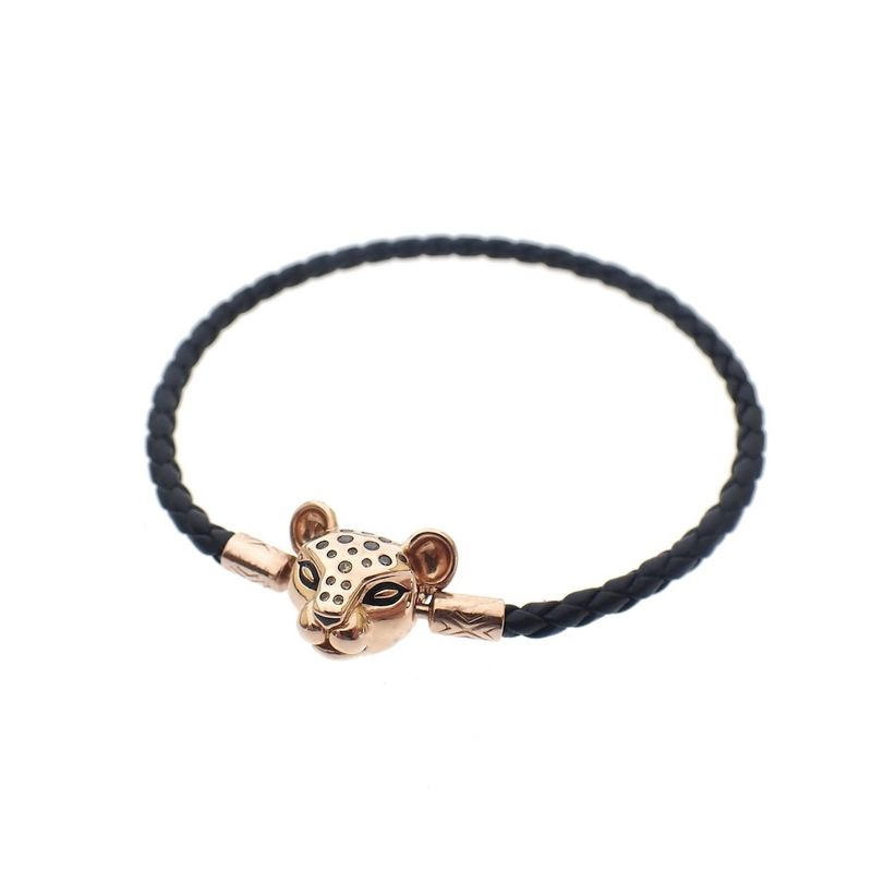 Image 1 of Pandora black leather bracelet; Panther; Rose gold plated; | 20 cm